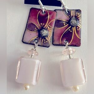 Earrings NWOT Artisan purple magenta Flowers enameled Copper, art glass  2.5”